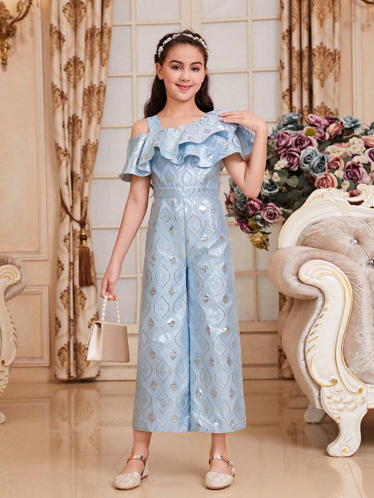 Tween Girl Cute Vintage Palace Style Oblique-Shoulder Ruffle Edge Long Jumpsuit