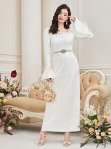 Modelyn 女士撞色蕾丝方领喇叭袖超长优雅阿拉伯风格连衣裙长款晚礼服 - 白色 - 查看 3