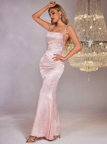 PARTHEA Backless Crisscross Tie Up Jacquard Satin Long Dress - Pink - View 7
