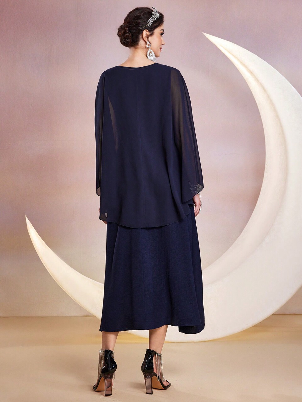 Women's Shiny Rhinestone Cape Style Dress Long Evening Dresses