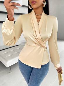 Zolique Solid Twist Lantern Sleeve Wrap Elegant Blouse - Apricot - View 1