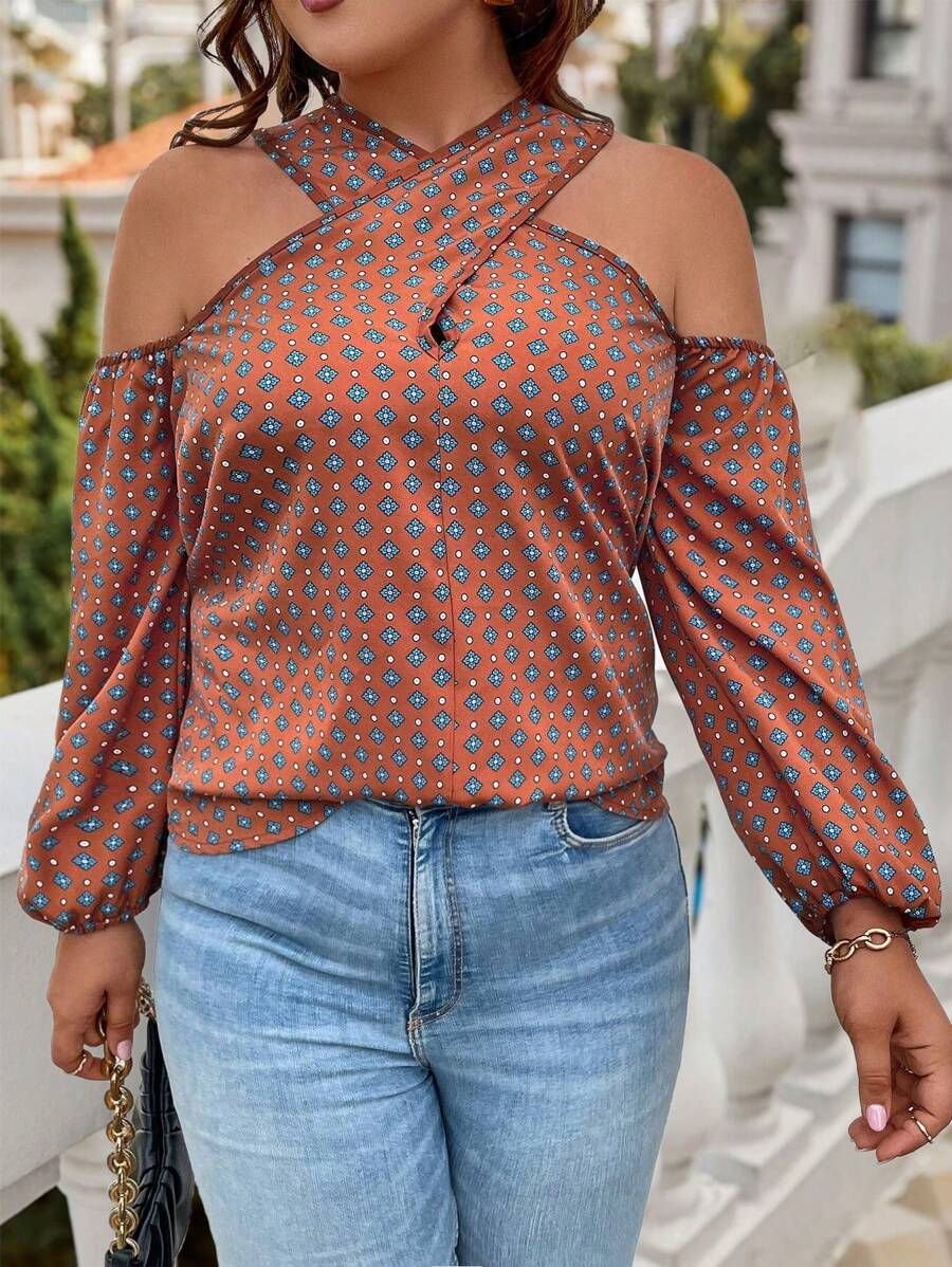 SHEIN Clasi Kích thước lớn Dây chéo Cái cổ Lạnh vai Áo sơ mi - màu nâu - Xem 1