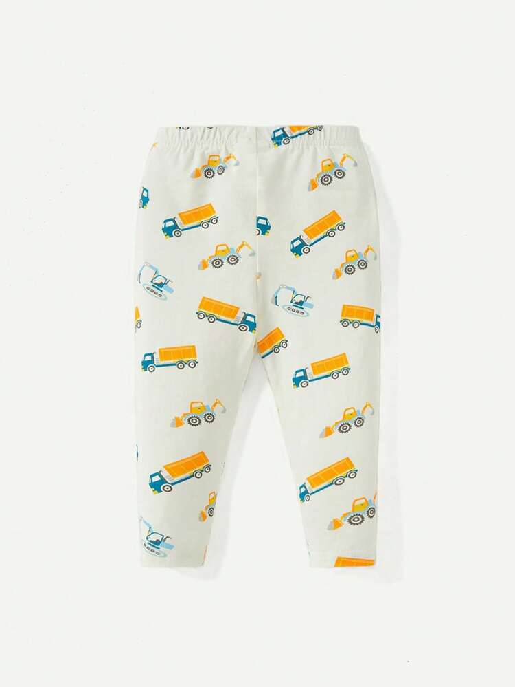 Baby Boy Cartoon Car Pattern Round Neck Short Sleeve Top And Pants Snug Fit Home Suit 2pcs/Set