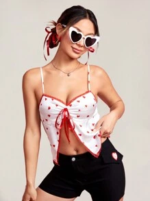 SHEIN PETITE Ladies' Heart Print Lace Trimmed Camisole Top - White - View 7