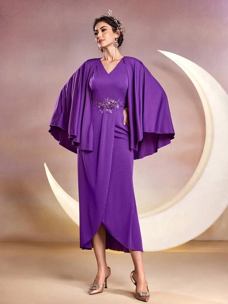 Women's V-Neck Cape Sleeve Arabian Dress Long Evening Dresses
