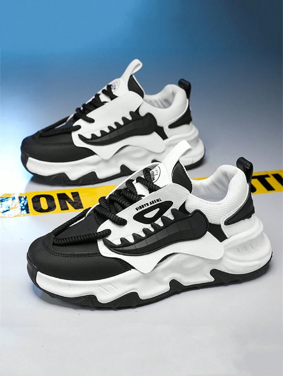 2024春季新款男士時尚運動鞋,全年適用厚底粗跟鞋,多種顏色,適合嘻哈、步行、街頭和滑板等場合 - 黑與白 - 查看 1