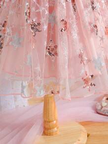 SHEIN Vestido de princesa rosa con tul para niña joven, con estrellas de lentejuelas bordadas y dobladillo con volantes, adecuado para fiestas y cumpleaños - Rosa - Ver 3