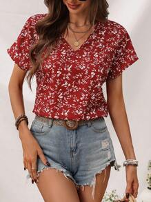 SHEIN LUNE A Must-Have Red Floral Print V-Neck Slim Fit Women's Shirt For Streets - Multicolor - View 6