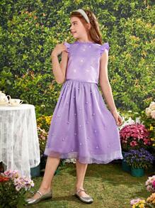 Tween Girls' Lace Collar Cape Sleeve Back-Opening Rhinestone Blouse With Beaded Mesh Flowy Skirt Set - Lilac Purple - View 5
