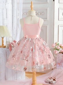 SHEIN Vestido de princesa rosa con tul para niña joven, con estrellas de lentejuelas bordadas y dobladillo con volantes, adecuado para fiestas y cumpleaños - Rosa - Ver 2