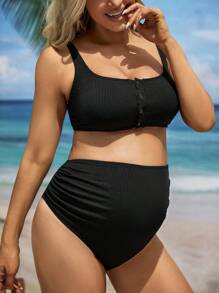SHEIN Summer Beach Pregnant Women's Ribbed Ruched Separated Bikini Set - Black and White - View 4