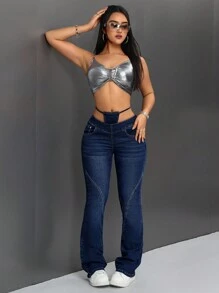 SHEIN ICON 2 合 1 緊身牛仔喇叭褲 - 中等水洗藍 - 查看 5