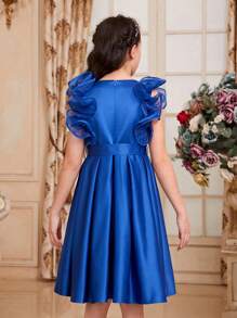 SHEIN 少女可爱优雅华丽V领荷叶边中长连衣裙，裙摆呈喇叭形 - 藍色 - 查看 7