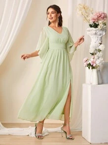 SHEIN Belle 女士伴娘禮服,高開叉和收腰設計 - 綠色 - 查看 5