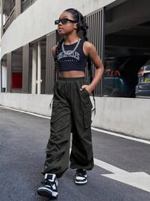 SHEIN 少女休閒編織純色彈性腰口袋束口運動褲 - 黑色 - 查看 5