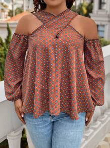 SHEIN Clasi Kích thước lớn Dây chéo Cái cổ Lạnh vai Áo sơ mi - màu nâu - Xem 4