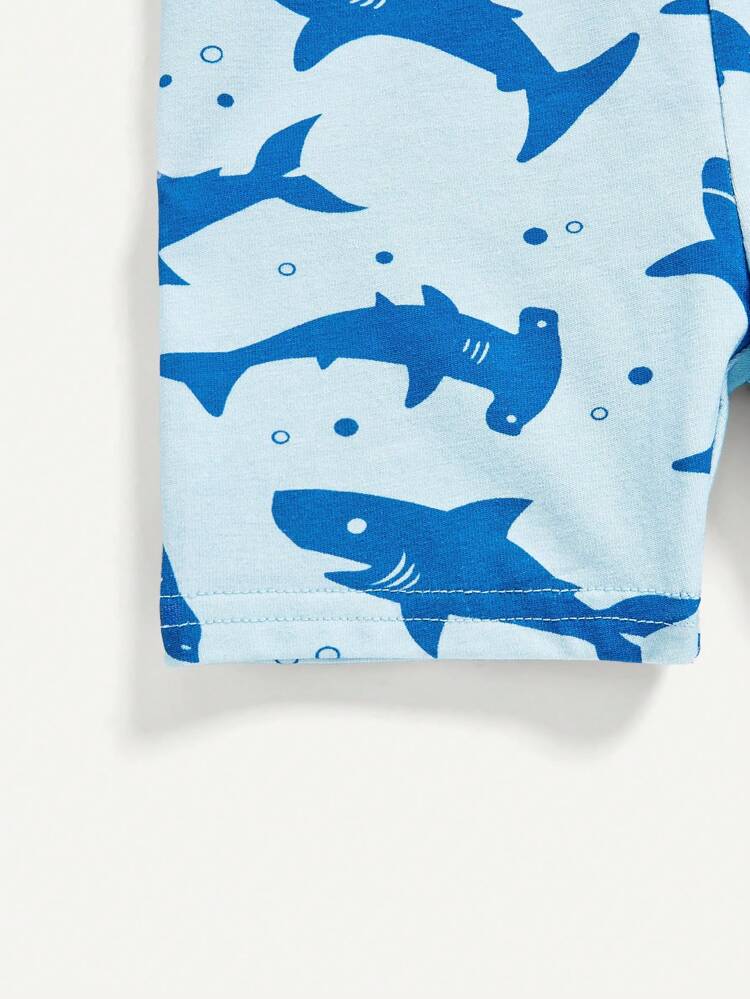 Baby Boy Snug Fit Pajama Set With Cartoon Shark Print, Including Short Sleeve Top And Shorts (4Pcs/Set) Matching Sets