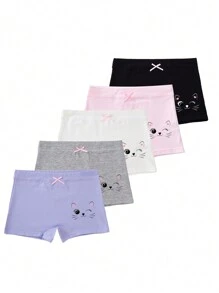 5pcs Cute Cartoon Cat Expression Printed Multicolored Macaron Color Panties For Young Girls, All Seasons