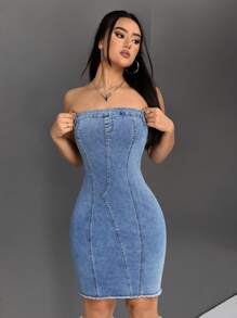 SHEIN ICON Vestido De Mezclilla Ajustado Sin Tirantes Con Contraste De Color Y Cierre De Cremallera En La Parte Posterior Para Mujeres