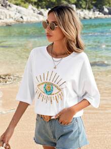 EURMUSE Drop Shoulder T-Shirt With Eyeball Embroidery And Sequin Decoration - White - View 3