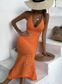 Women Hollow Out Neck Cover Up Dress (Random Floral Pattern) Summer - Burnt Orange - View 1