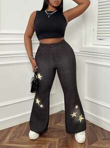 SHEIN EZwear Plus Size Star Printed Skinny Flared Jean-Like Pants - Black - View 4