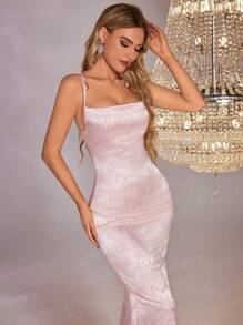 PARTHEA Backless Crisscross Tie Up Jacquard Satin Long Dress - Pink - View 3