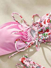 Swim Mod Summer Beach Women's Floral Printed Strapless Swimwear Set With Drawstring Detail - Multicolor - View 3