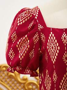 SHEIN Cô gái Tween Thanh lịch Buổi tiệc Long lanh Lưới Đầm Với Lá vàng - Đỏ - Xem 3