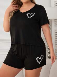 大码女式简约心形印花短袖 T 恤和短裤睡衣套装睡衣套装 - 黑色 - 查看 5