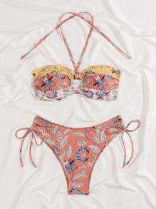 SHEIN Swim Plant Printed Drawstring Side Bikini Set Carnival Summer - Multicolor - View 4