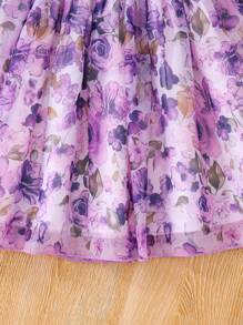 SHEIN Young Girls' Summer Flower Print Dress, Purple Floral Princess Dress With Puff Sleeves - Purple - View 7
