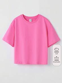 SHEIN Tween Girl Summer Round Neck Short Sleeve Casual Solid Color Drop Shoulder T-Shirt - Pink - View 1