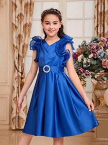 SHEIN 少女可爱优雅华丽V领荷叶边中长连衣裙，裙摆呈喇叭形 - 藍色 - 查看 1