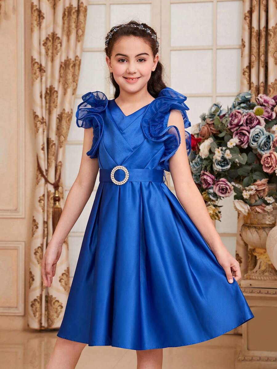 SHEIN 少女可爱优雅华丽V领荷叶边中长连衣裙，裙摆呈喇叭形 - 藍色 - 查看 1