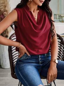 SHEIN Clasi 女士無袖實色上衣,具有垂墜領口設計 - 酒紅色 - 查看 1