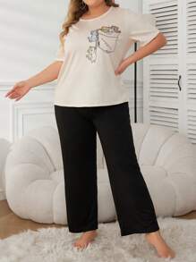 大尺碼女士卡通貓印花睡衣套裝