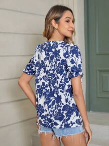 SHEIN Holidaya Floral Print Puff Sleeve Blouse - Blue and White - View 2
