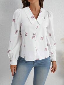 SHEIN Frenchy 花卉圖案彼得潘領燈籠袖襯衫 - 珊瑚橙 - 查看 5