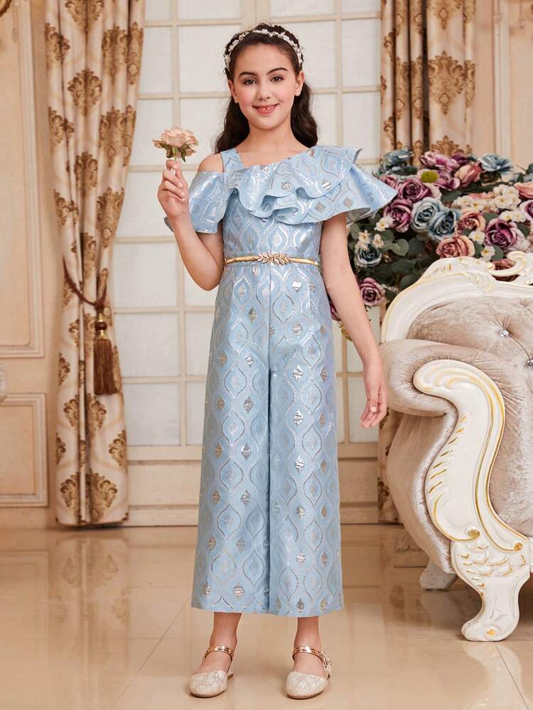 Tween Girl Cute Vintage Palace Style Oblique-Shoulder Ruffle Edge Long Jumpsuit