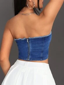 SHEIN ICON Top Sin Tirantes De Mezclilla Con Dobladillo De Volantes Para Mujer - Azul lavado oscuro - Ver 4