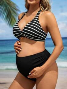 SHEIN Summer Beach Maternity Striped Halter Top And Plain Triangle Bottom Bikini Set, Maternity Bathing Suit - Black and White - View 4