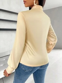Zolique Solid Twist Lantern Sleeve Wrap Elegant Blouse - Apricot - View 2