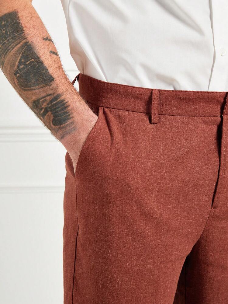 Men's Casual Holiday Brown Red Linen Slim Shorts