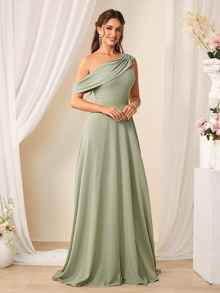 SHEIN Belle Vestido de dama de honor de un solo color con escote asimétrico, vestido elegante para Navidad - Verde - Añade 6
