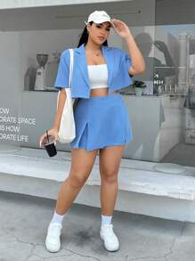 SHEIN EZwear 秋冬大码纯色梭织西装外套和裙子两件套 - 藍色 - 查看 6