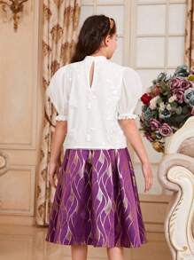 SHEIN Tween 女童修身可爱立领泡泡袖衬衫和提花裙两件套 - 彩色 - 查看 6