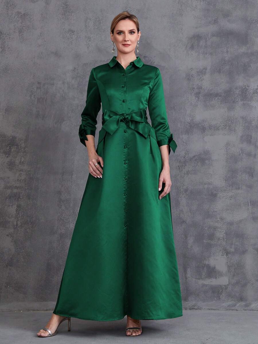Vestido Formal De Satén Para Mujer Con Manga 3/4 - Verde Oscuro - Ver 1