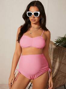 SHEIN Maternity Ruched Cami Top And Triangle Bikini Bottom Set, Maternity Bathing Suit Summer - Pink - View 3