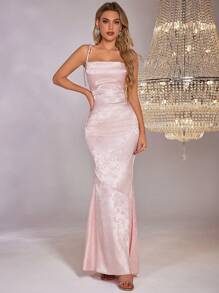 PARTHEA Backless Crisscross Tie Up Jacquard Satin Long Dress - Pink - View 5